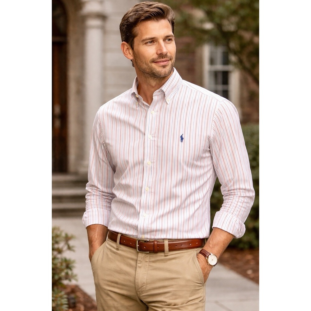 Ralph Lauren Yarmouth Shirt Mens 16 34 Red Blue Stripe‎ Button Down Classic Fit